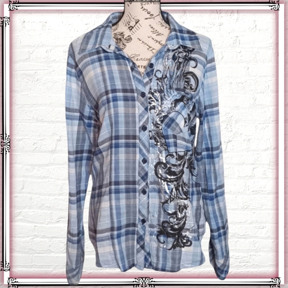 Fleurish Blue Plaid Lightweight Button Down Shirt Size Lg
